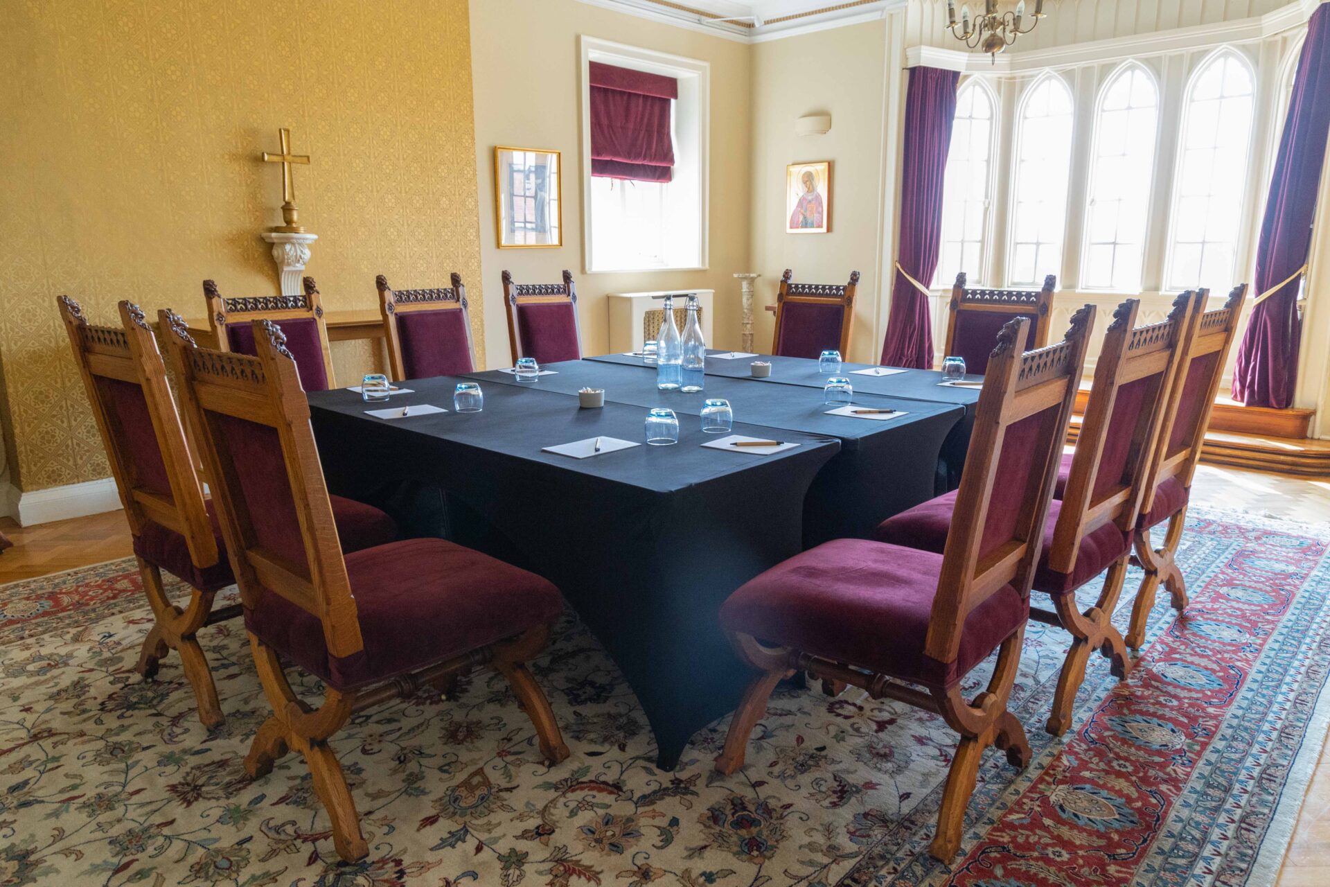 The Cumberland Lodge Chapel set up to seat 10 in a boardroom style