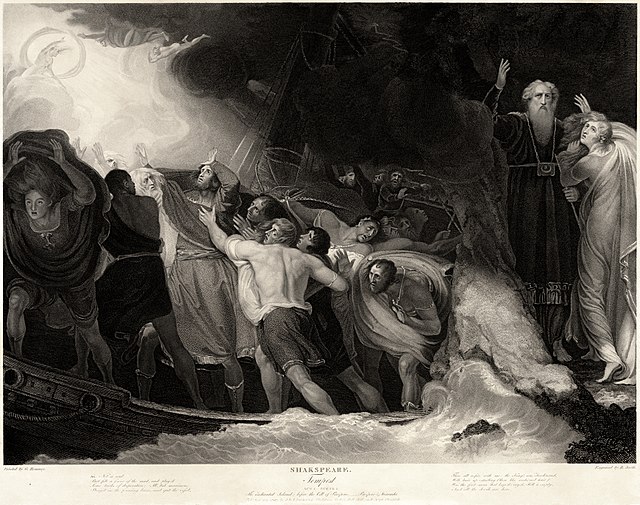 A black and white engraving from the first scene of The Tempest depicting the titular tempest wrecking the ship.