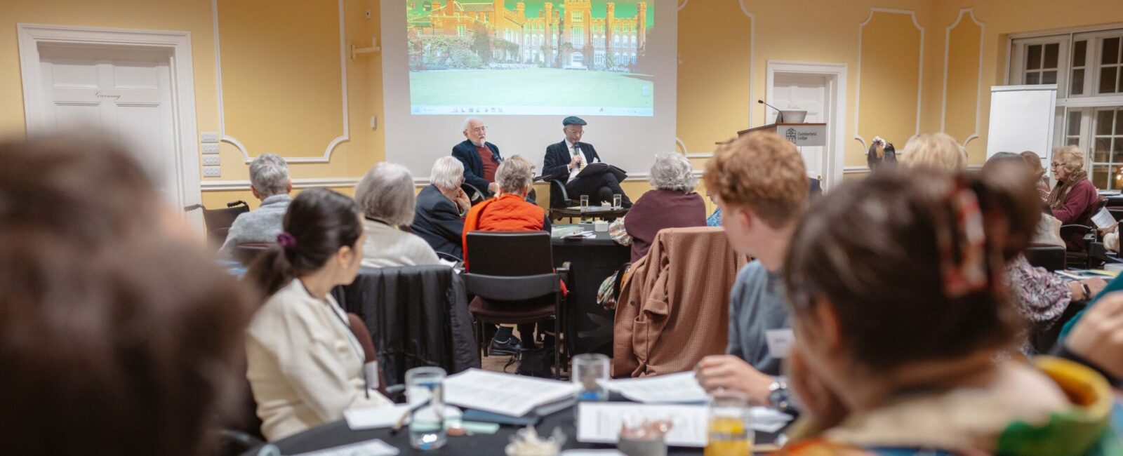 Attendees listening to Sir Stanley Wells and Paul Edmondson speak the 2025 Cumberland Lodge Shakespeare Reading Retreat